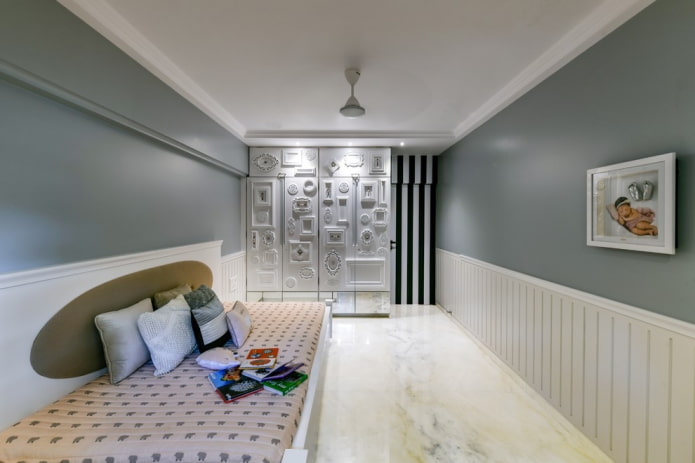 diseño de habitación infantil blanca y gris