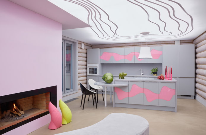 diseño de cocina en el interior de una casa de troncos