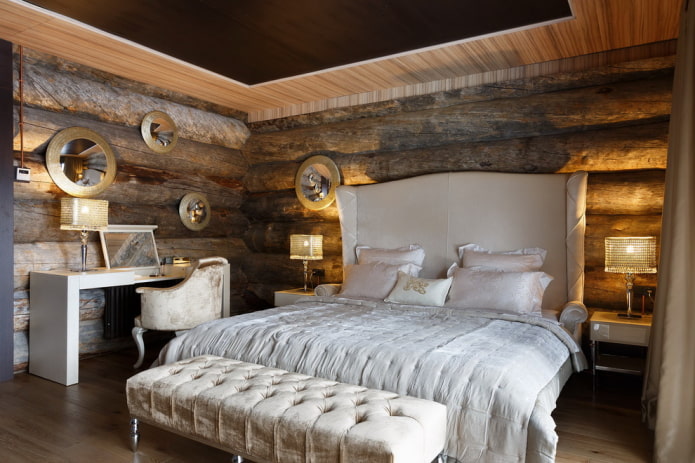Muebles y decoración en el interior de una casa de troncos