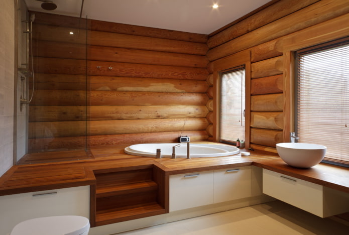 diseño de baño en el interior de una casa de troncos