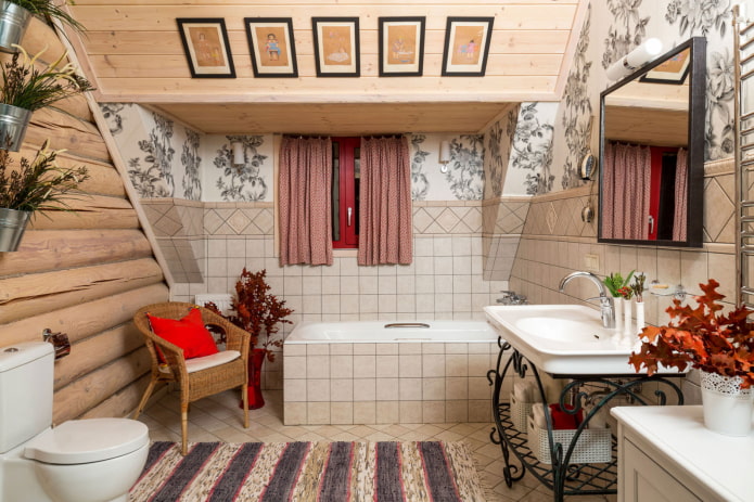 diseño de baño en el interior de una casa de troncos