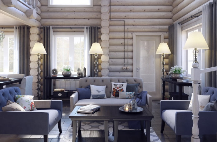 interior de una casa de troncos en estilo escandinavo