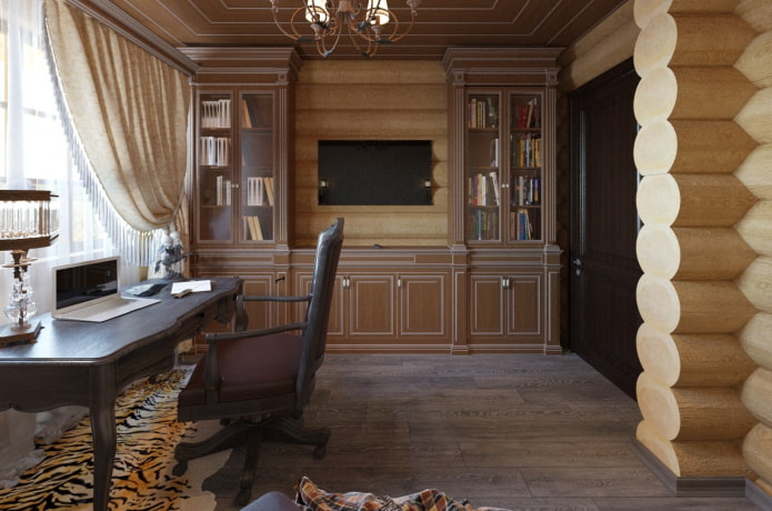 diseño de un estudio en el interior de una casa de troncos
