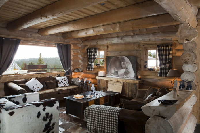 interior de una casa de troncos de estilo chalet