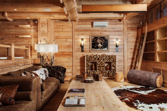 interior de una casa de troncos de estilo chalet