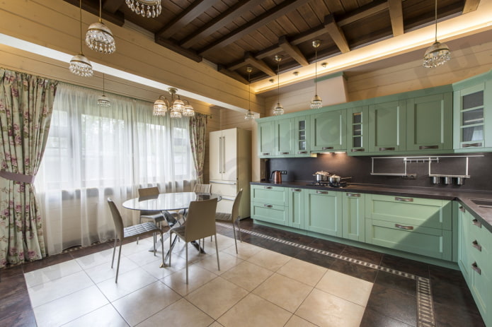 diseño de cocina en el interior de una casa de troncos