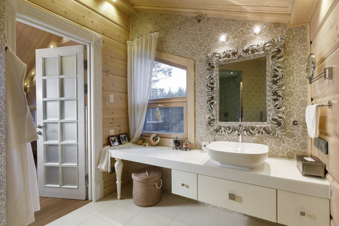 diseño de baño en el interior de una casa de troncos