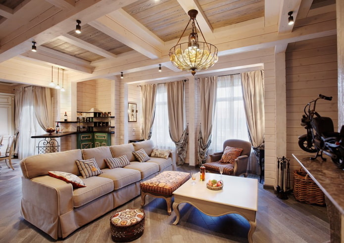 Sala de estar en una casa de madera