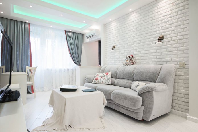 Ladrillo blanco en el interior de la sala de estar
