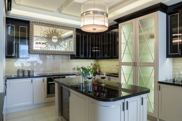 Cocina Art Déco con muebles en blanco y negro