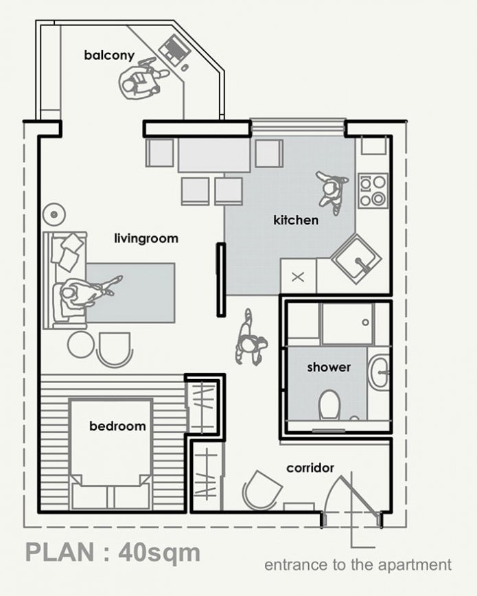 Distribución de un apartamento de 40 m²