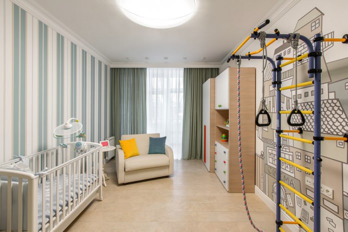 papel pintado a rayas en la habitación infantil