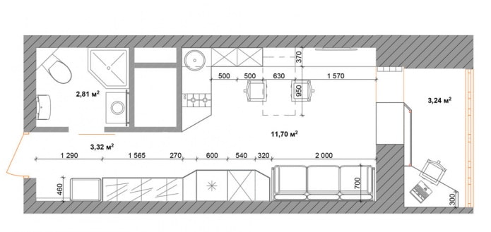 Distribución del estudio de 18 m².
