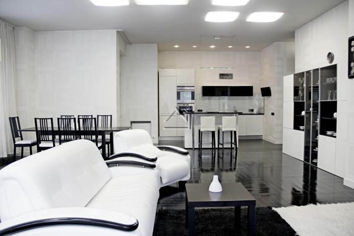 Interior de salón-cocina en blanco y negro