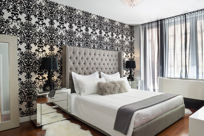 interior de dormitorio en blanco y negro con beige