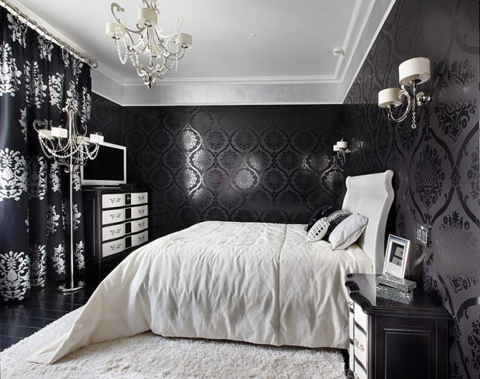 Interior de dormitorio en blanco y negro