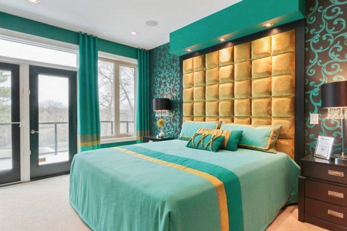 dormitorio turquesa y dorado