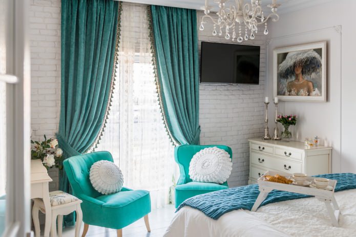turquoise chair and curtains