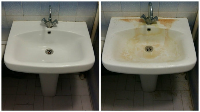 Lavabo antes y después de limpiar con lejía