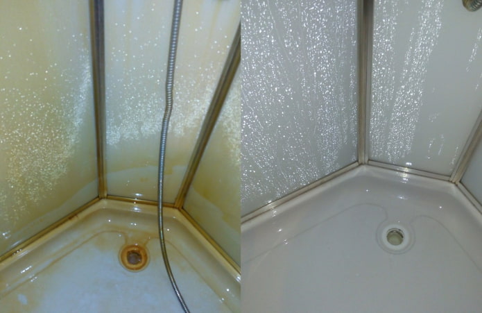 Cabina de ducha antes y después del tratamiento con Sanox Ultra