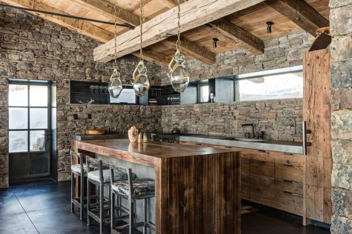 chalet style kitchen stone finish