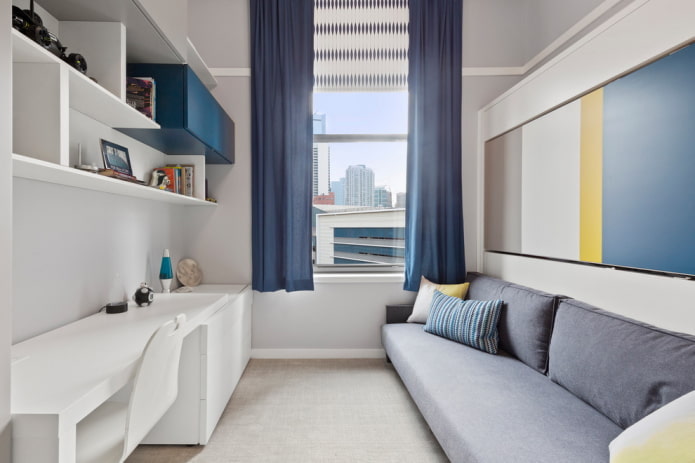 diseño de un dormitorio estrecho para un adolescente