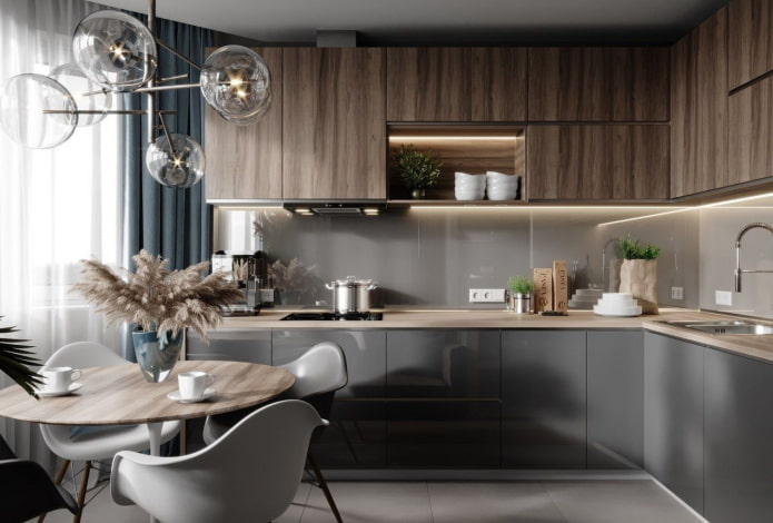 Interior de cocina en tonos grises y marrones