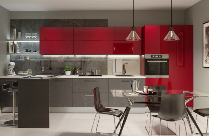 Interior de cocina en tonos grises y rojos