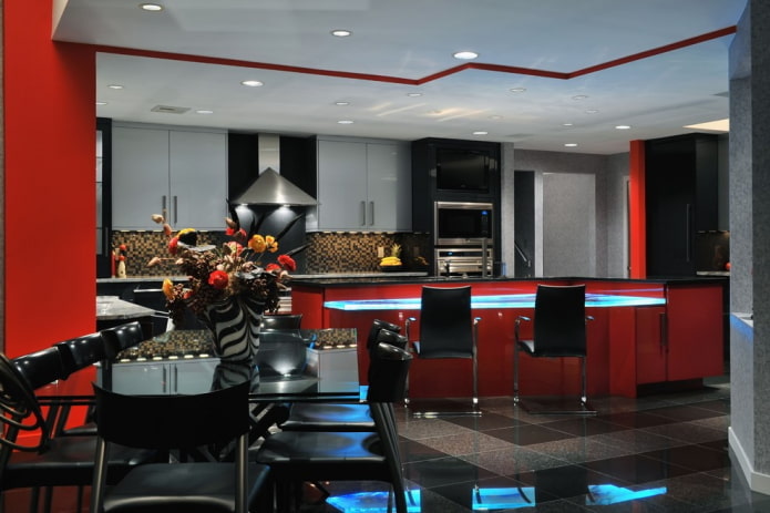 Cocina roja y negra con armarios grises