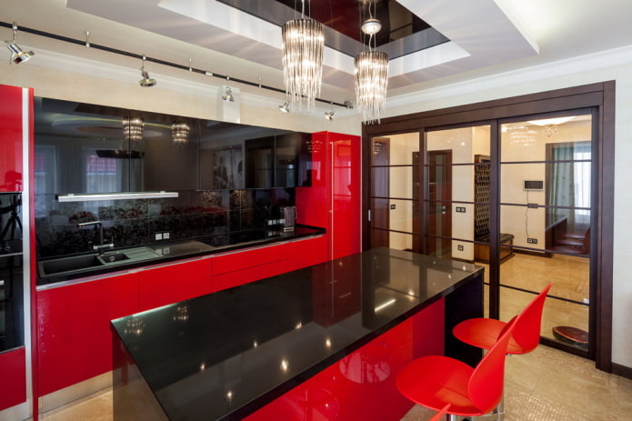 conjunto de cocina negro y rojo