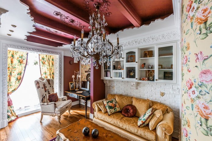 Sala de estar elegante con vigas