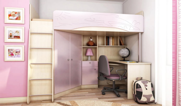 Cama beige y lila en una habitación infantil