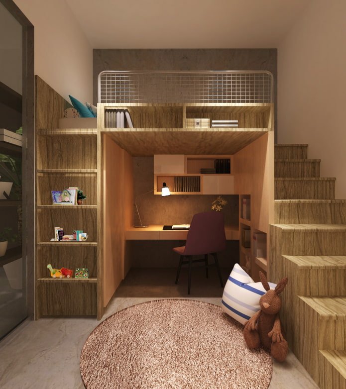 Cama en el segundo nivel de la habitación infantil