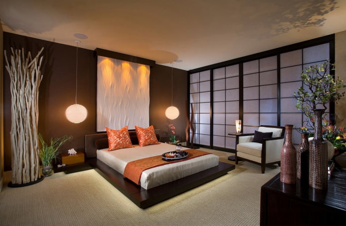 cama en un interior de estilo oriental