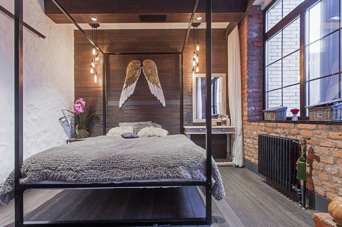 cama en un interior de estilo loft