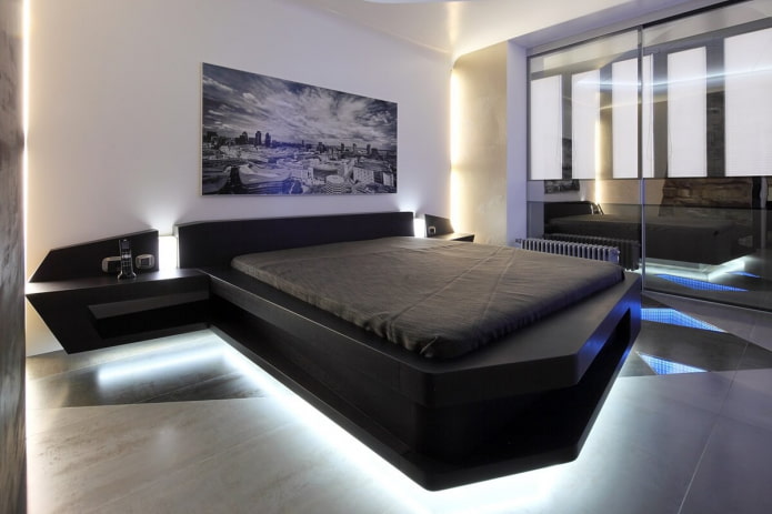 Cama en un interior de estilo alta tecnología