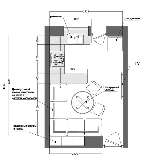Planificación de una cocina-salón de 12 metros cuadrados