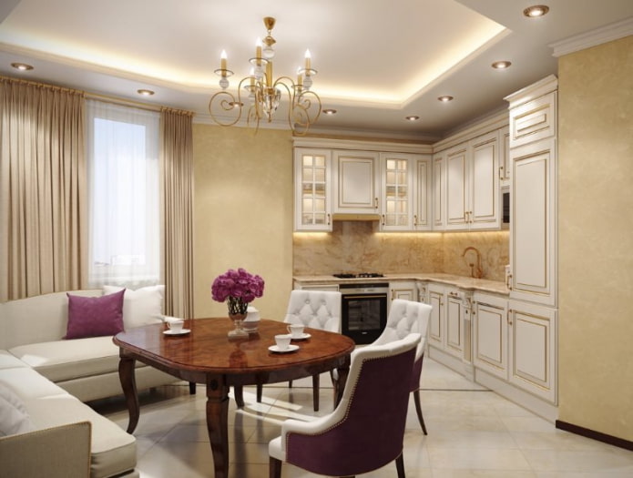 Diseño de cocina-salón en estilo clásico