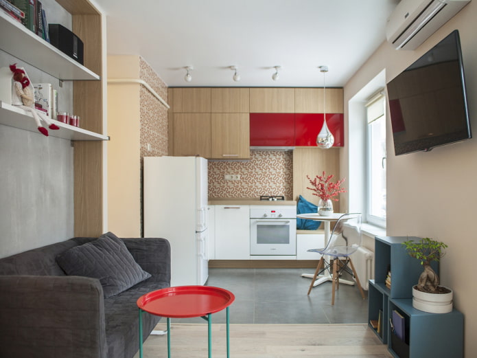 Diseño de una pequeña cocina combinada con una sala de estar