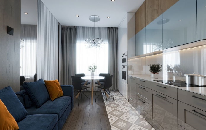 Cocina rectangular con sala de estar