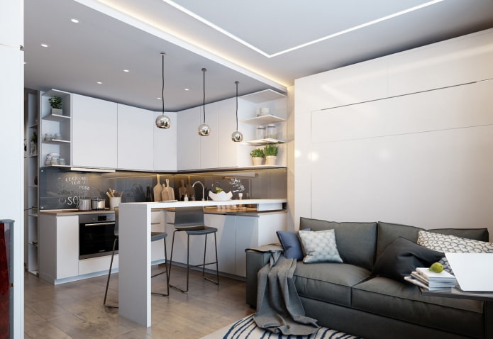 zonificación de una cocina-sala de estar de 15 metros cuadrados