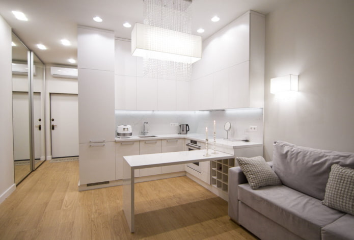Interior de una cocina-salón de 15 metros cuadrados en estilo minimalista