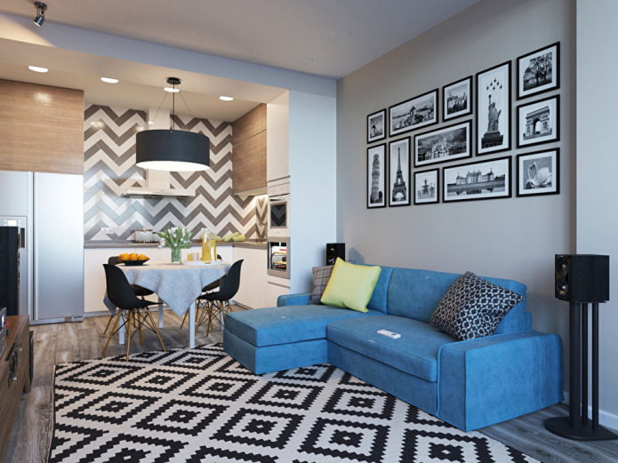 Interior de una cocina-salón de 15 metros cuadrados en un estilo escandinavo