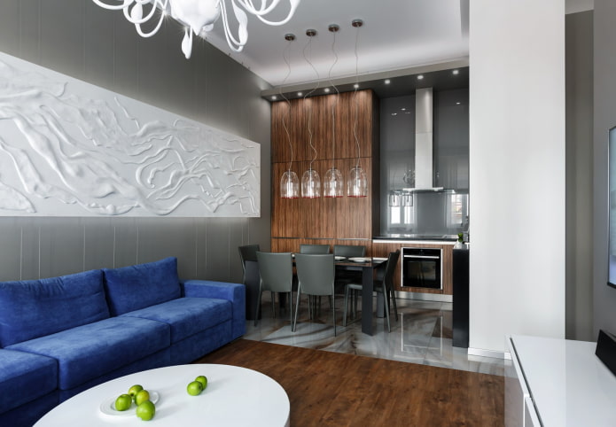 Interior de un salón-cocina de 15 metros cuadrados de estilo moderno