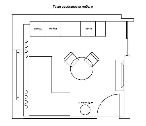 Cocina-salón cuadrada de 16 m²