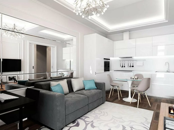 Diseño de interiores de una cocina-salón de 16 metros cuadrados
