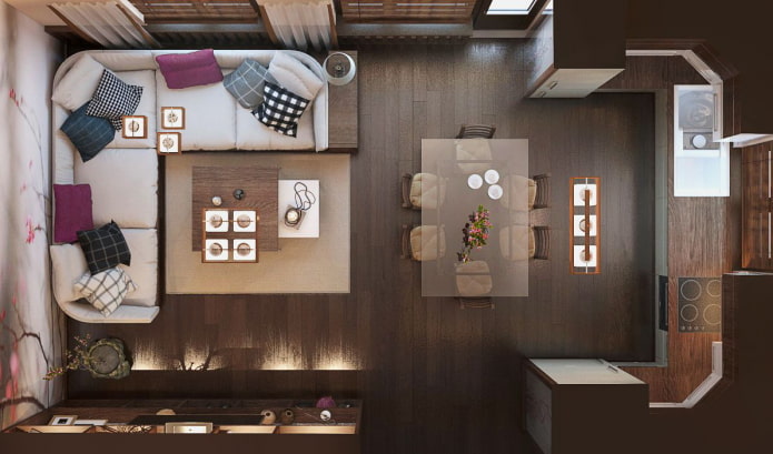 Disposición de una cocina-salón rectangular de 25 metros cuadrados