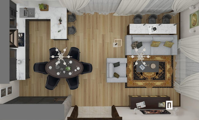Disposición de una cocina-salón rectangular de 25 metros cuadrados