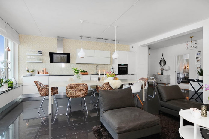 diseño de cocina-salón en estilo escandinavo
