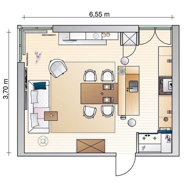 Diseño cuadrado de la cocina-salón